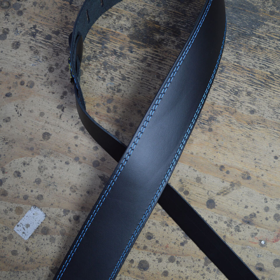 Colonial Leather BASST-BLU Blue Stitched Black 2.5″ Leather Guitar Strap