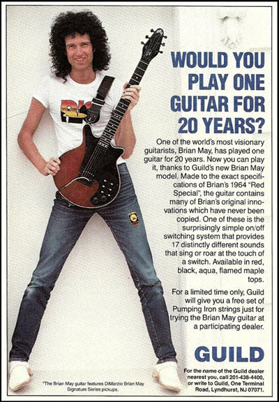 Vintage Guild Guitars advertisment featuring Brian May and the Red Special 