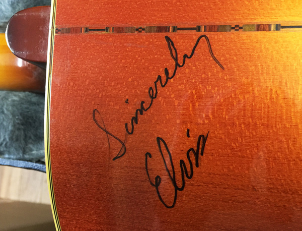 Close up of Elvis Presley's signature on Stewy's vintage Gibson J-200, originally owned by Elvis