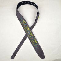 Flower and Leaves Embroidered Brown Suede Guitar Strap