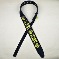 Yellow Gold Chinese Dragon Embroidered Black Suede Guitar Strap