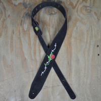 Colonial Leather Rose & Barbed Wire Embroidered Black Suede Guitar Strap