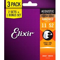Elixir 16544 Nanoweb Phosphor Bronze 11-52 3 Pack Custom Light