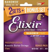 Elixir 16546 Nanoweb Phosphor Bronze Acoustic Guitar 6-String Set 13-56 3 Pack Light