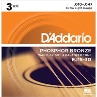 D'Addario EJ15-3D Phosphor Bronze Acoustic Guitar Strings Extra Light 10-47 3 Set Value Pack