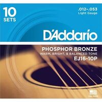 D'Addario EJ16-10P Phosphor Bronze Acoustic Guitar Strings, Light, 12-53 10 Set Value Pack