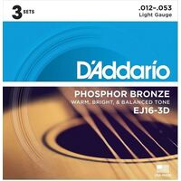 D'Addario EJ16-3D Phosphor Bronze Acoustic Guitar Strings Light 12-53 3 Set Value Pack