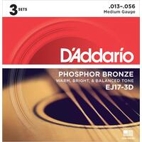 D'Addario EJ17 Phosphor Bronze Acoustic Guitar Strings Medium 13-56 3 Set Value Pack
