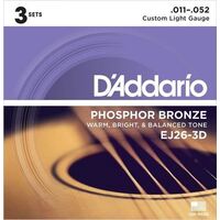 D'Addario EJ26-3D Phosphor Bronze Acoustic Guitar Strings Custom Light 11-52 3 Set Value Pack