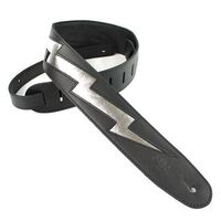 DSL Black Leather Guitar Strap w/ Silver Lightning Bolt