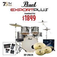 Pearl Export Plus 20" Fusion Pack - 5 Piece Kit Stool Zildjian Planet Z Cymbal Pack + Tuner Fish Essentials Pack & Sticks - Smokey Chrome