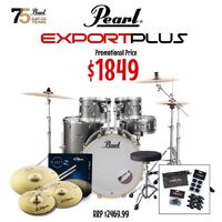 Pearl Export Plus 22" Pack - 5 Piece Kit Stool Zildjian Planet Z Cymbal Pack + Overtone Killers & Sticks - Grindstone Sparkle